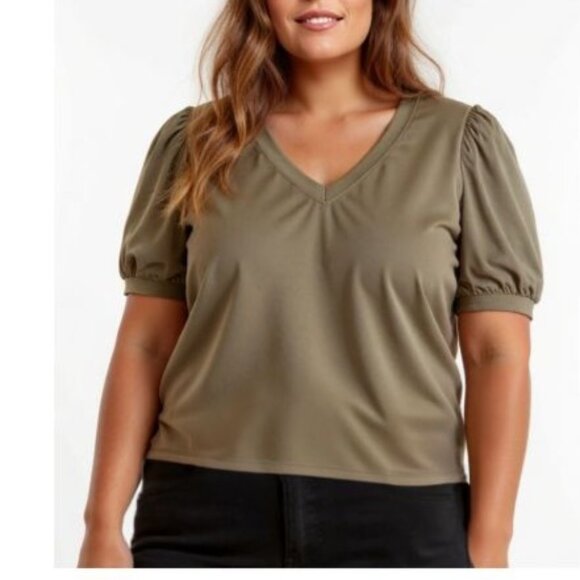 New York & Company Womens Top Plus Size 3X Puff Sleeve V-Neck Satin Blouse Green - Picture 1 of 11